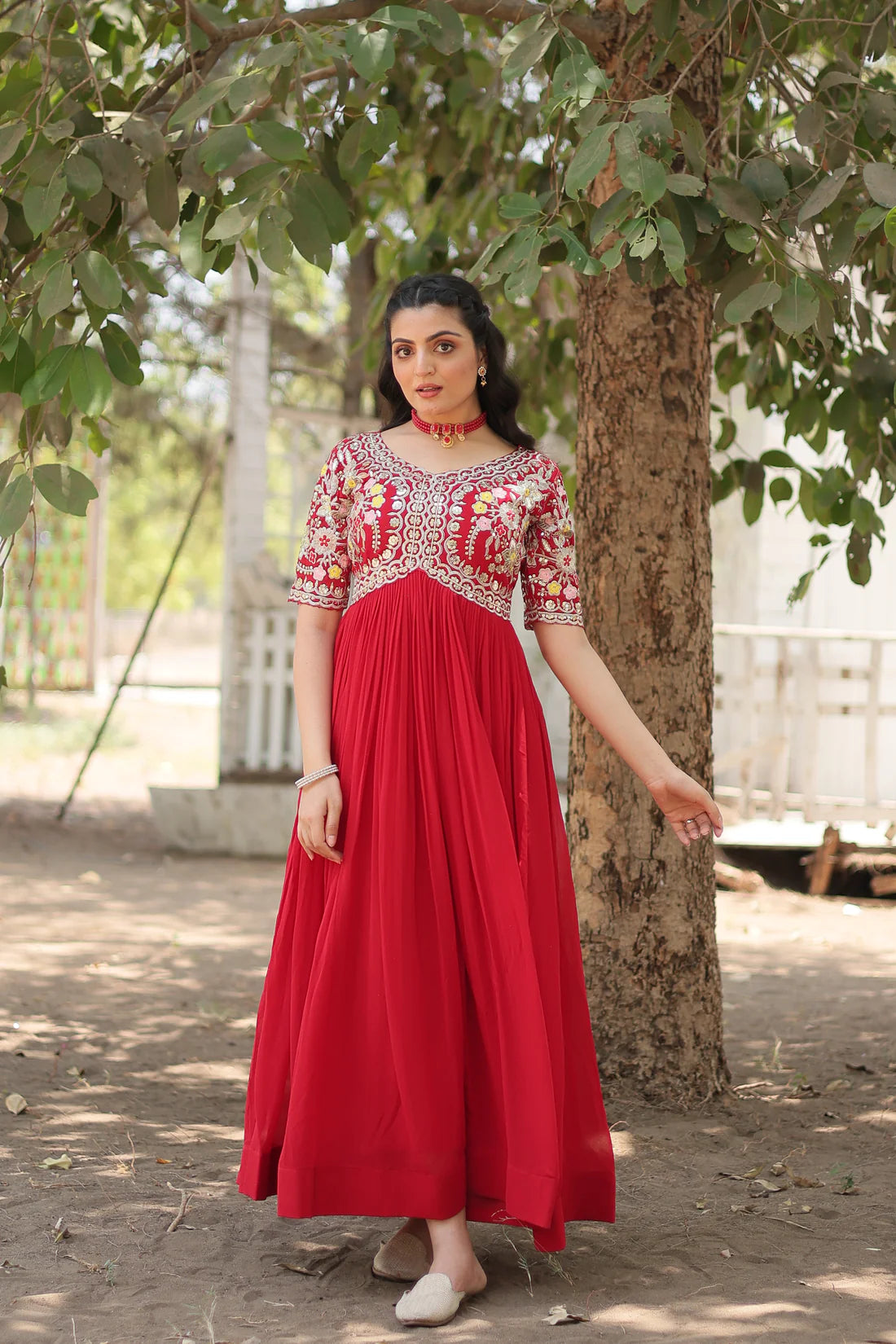 Red Color Reception Gown in Faux Blooming With Sequence Embroidery Gown in Suncity