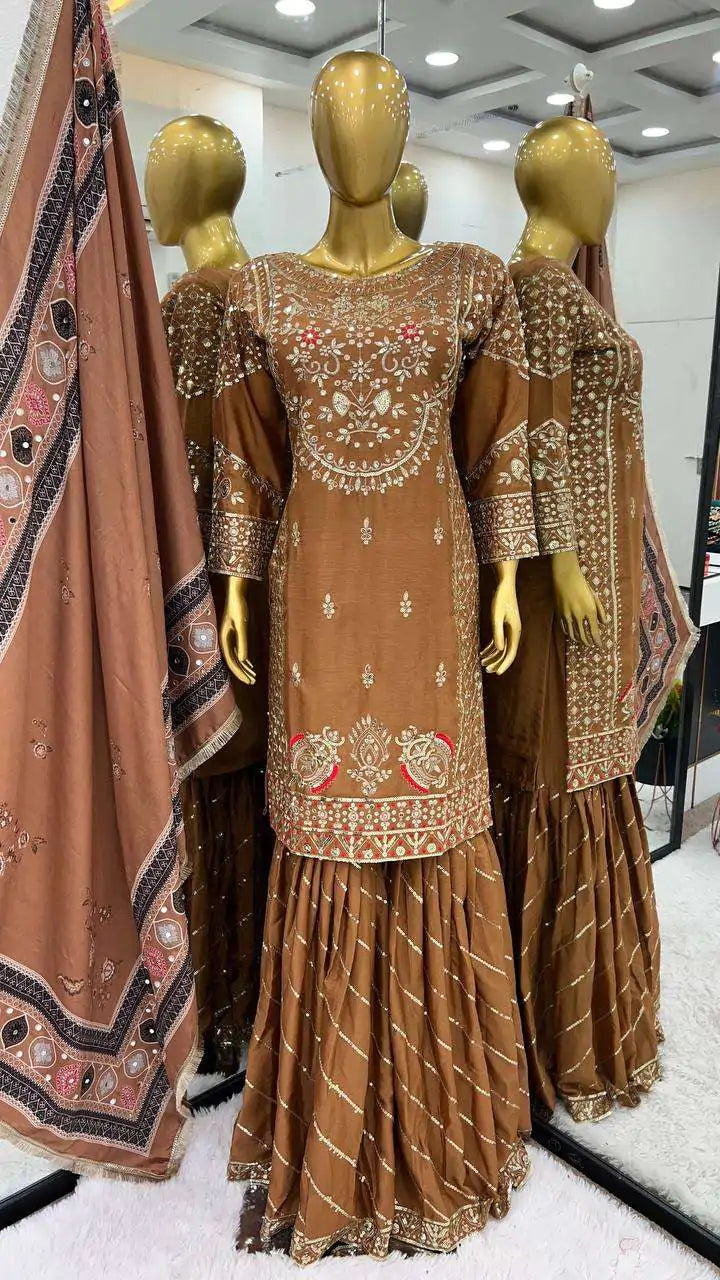 Brown Colored Embroidery And Sequins Work Sharara Suits Near Me