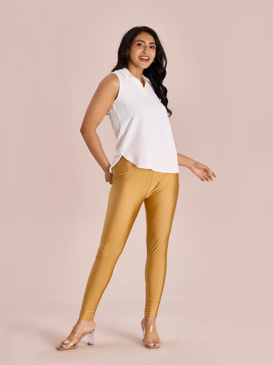 Alluring Gold Color Stretchable Shimmer Leggings For Women