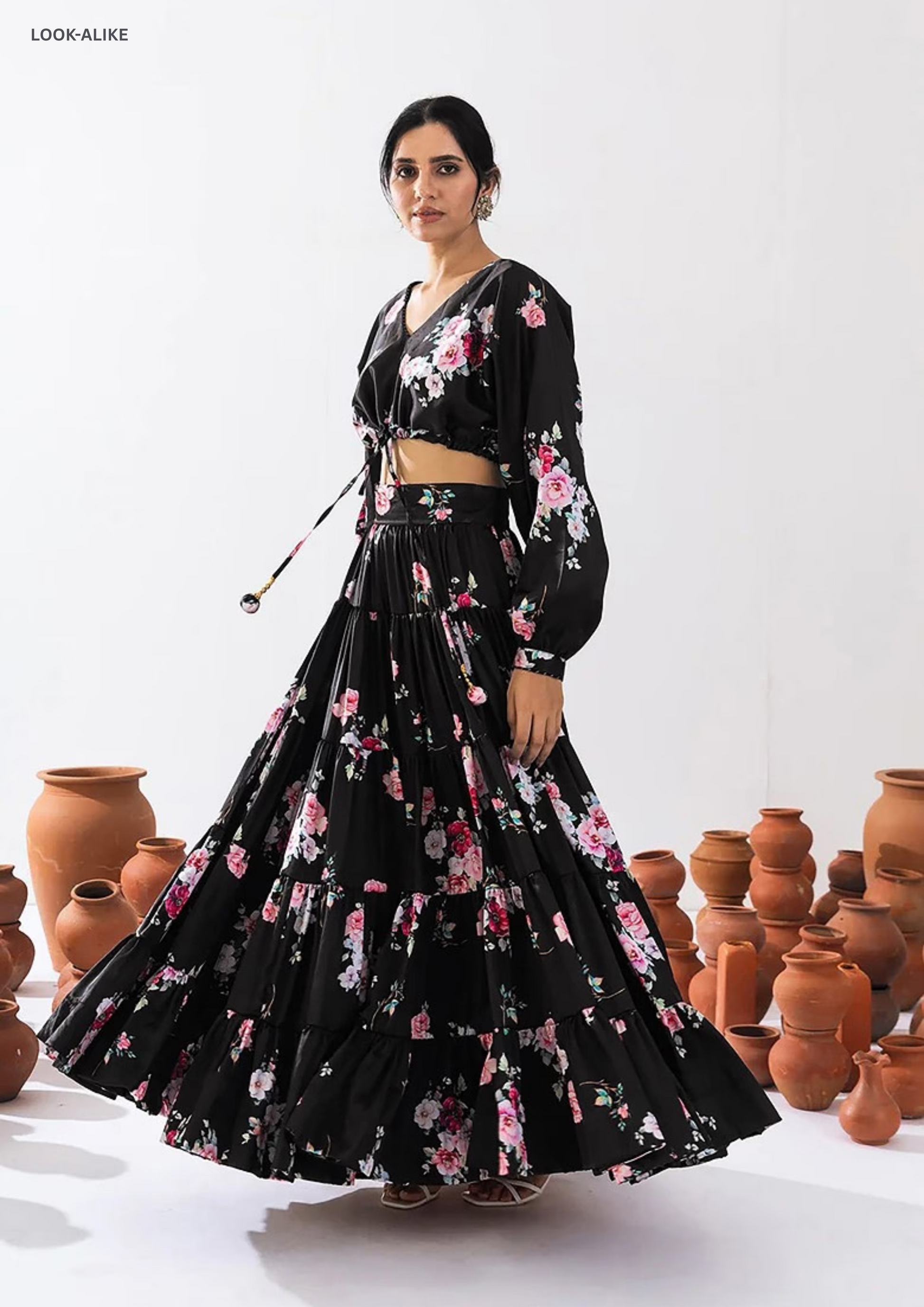 Appealing Black Color Floral Printed Tier Lehenga With Crop Top