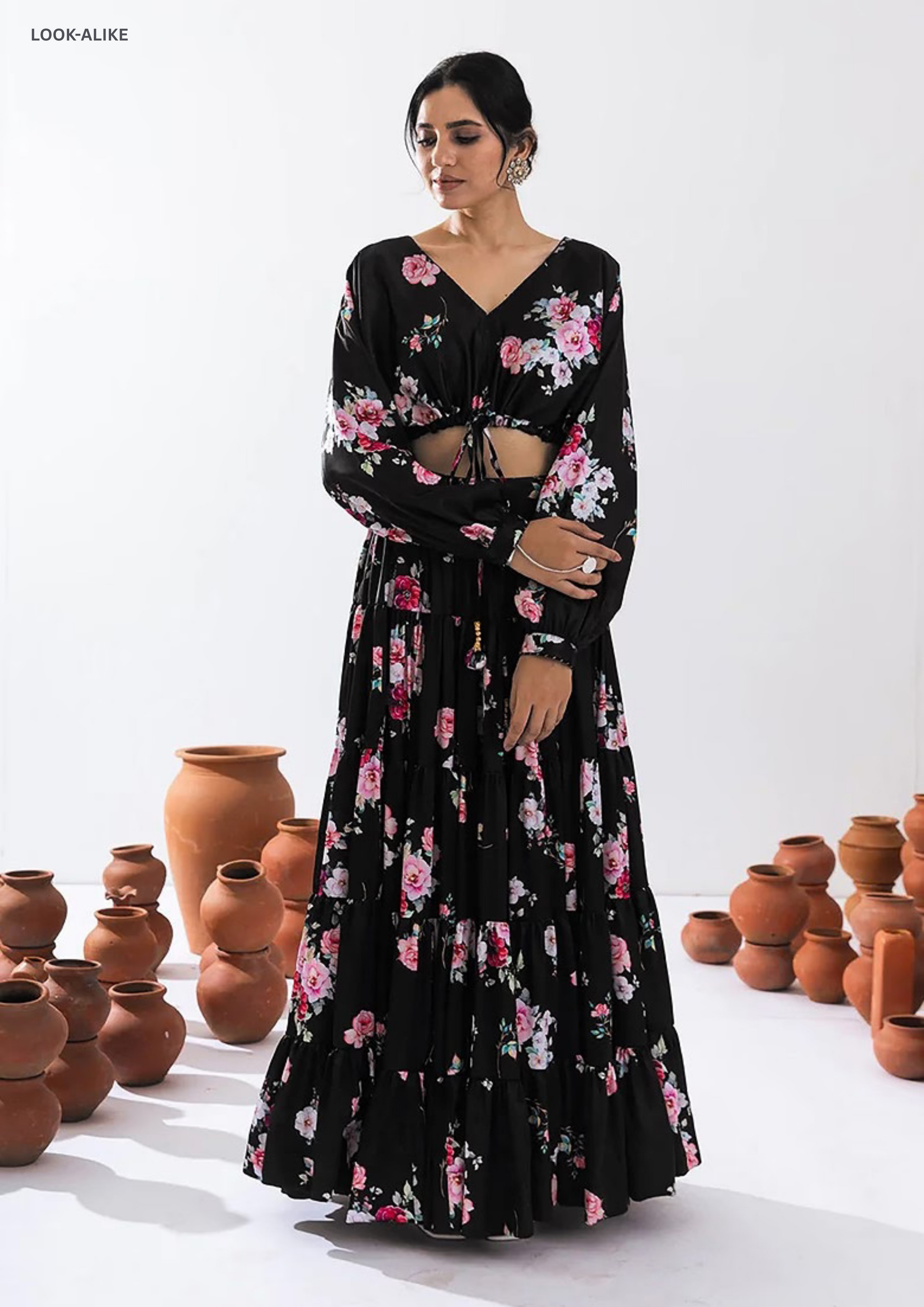 Appealing Black Color Floral Printed Tier Lehenga With Crop Top In USA