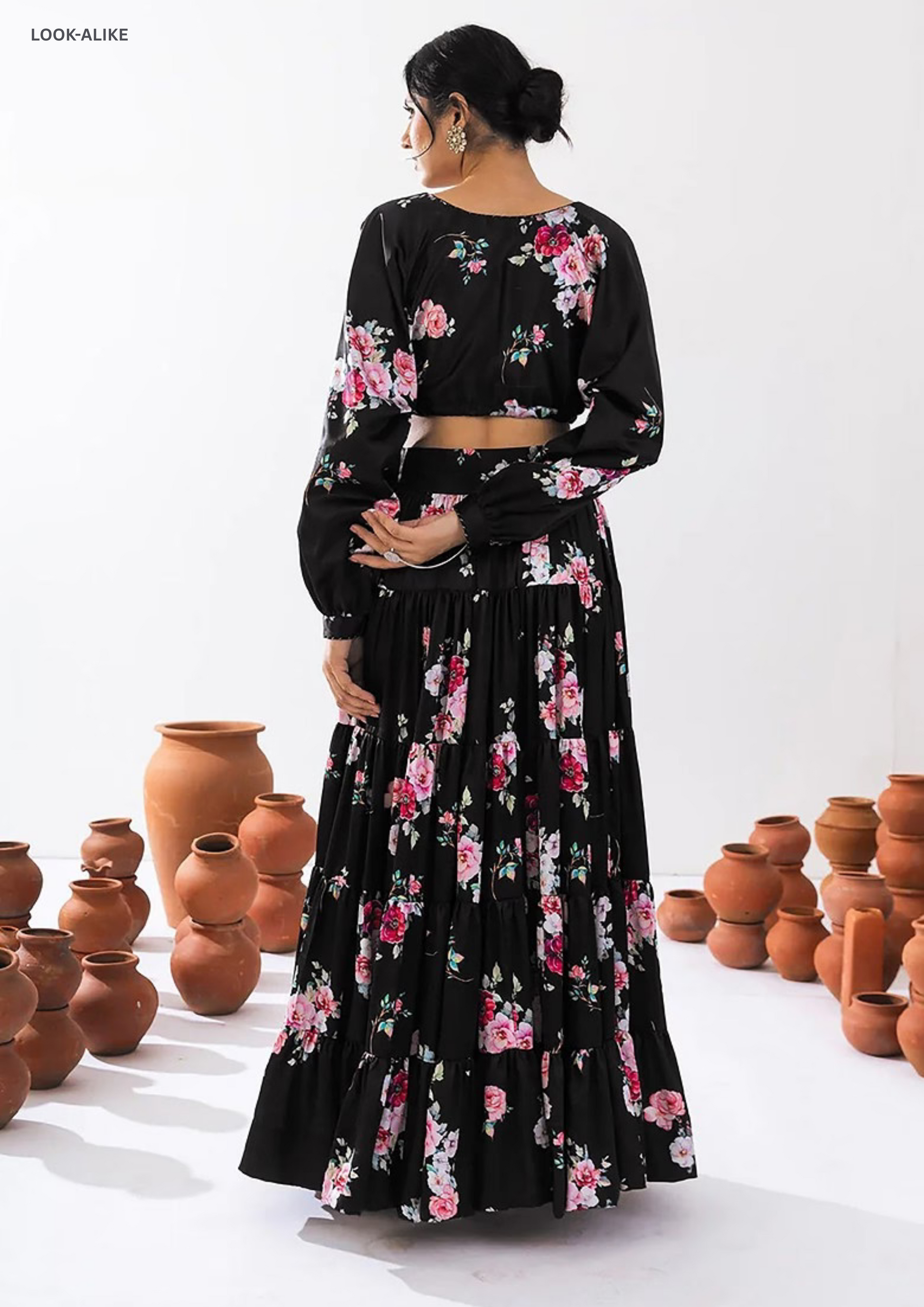 Appealing Black Color Floral Printed Tier Lehenga With Crop Top Near Me