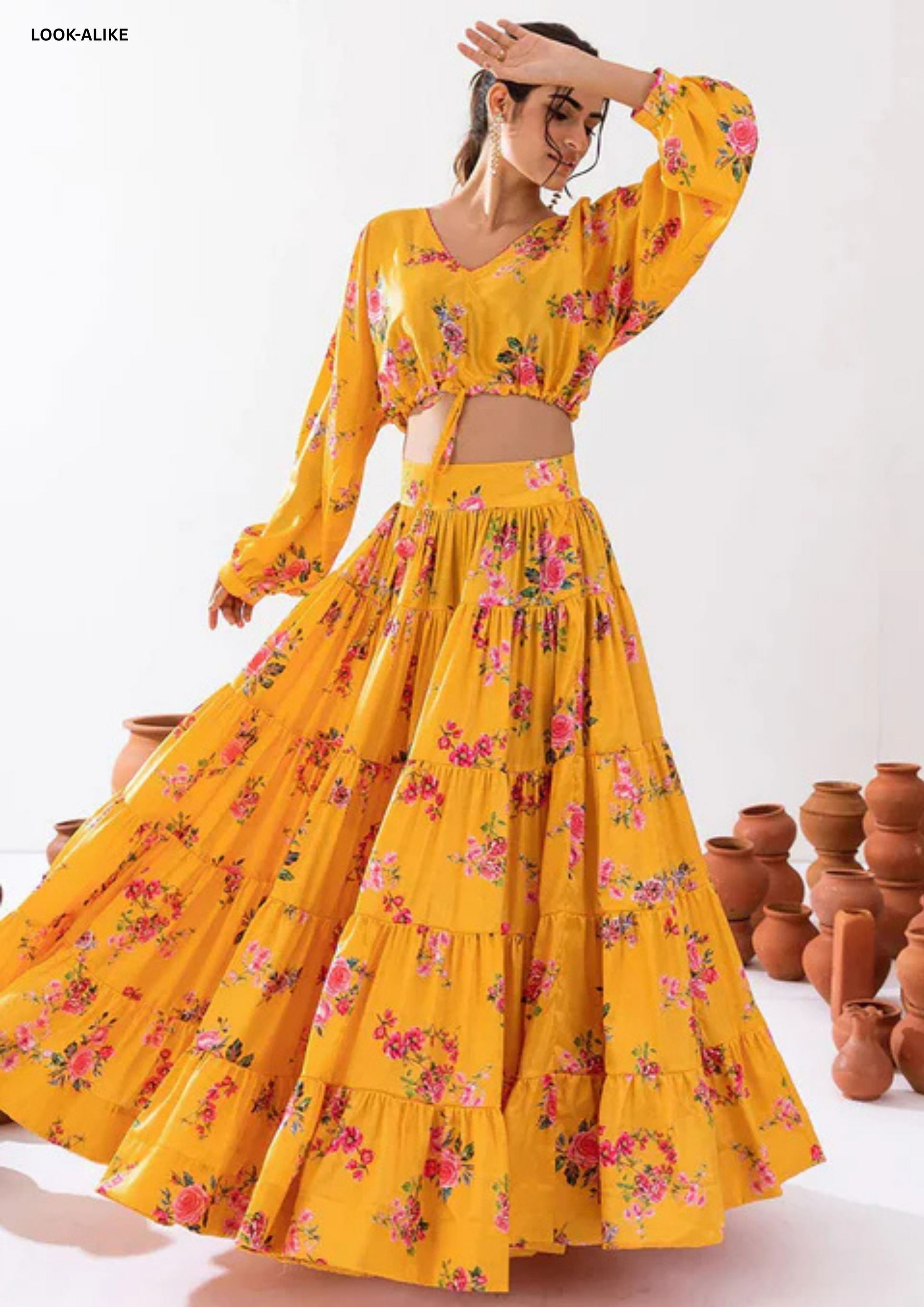 Beautiful Yellow Color Floral Printed Tier Lehenga With Crop Top Near Me