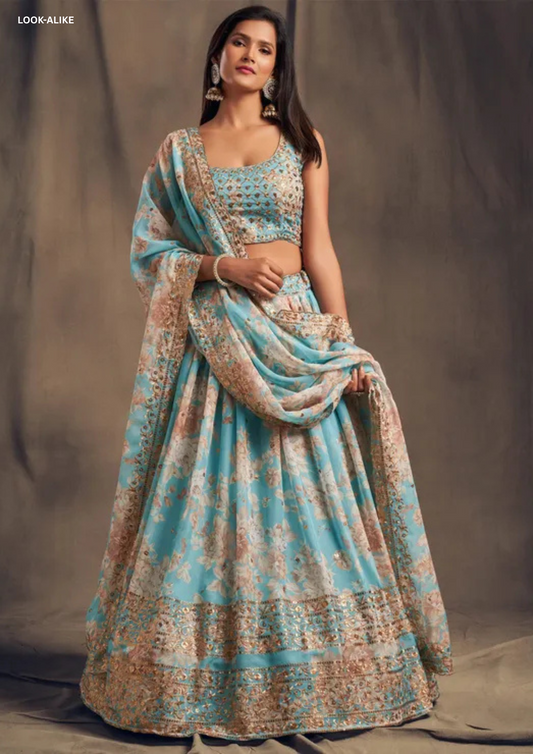 Beautiful Light Blue Color Golden Zari And Sequins Work Lehenga Choli With Dupatta Set