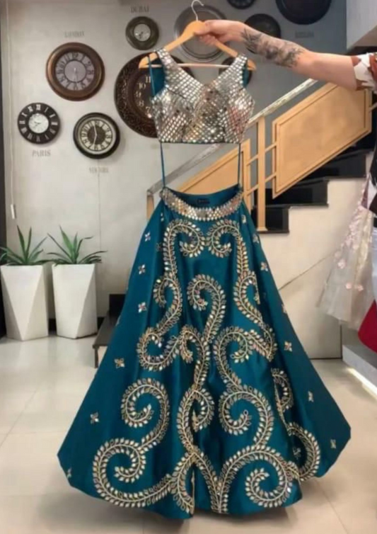 Alluring Blue Colored Heavy Tafetta Silk Embroidery Work Lehenga With Dupatta