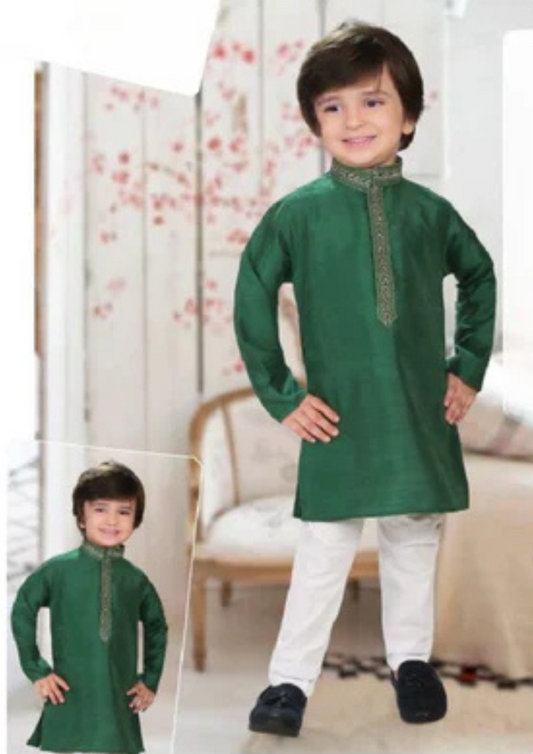 Gorgeous Dark Green Color Banarasi Silk Kurta Pajama Set For Boys