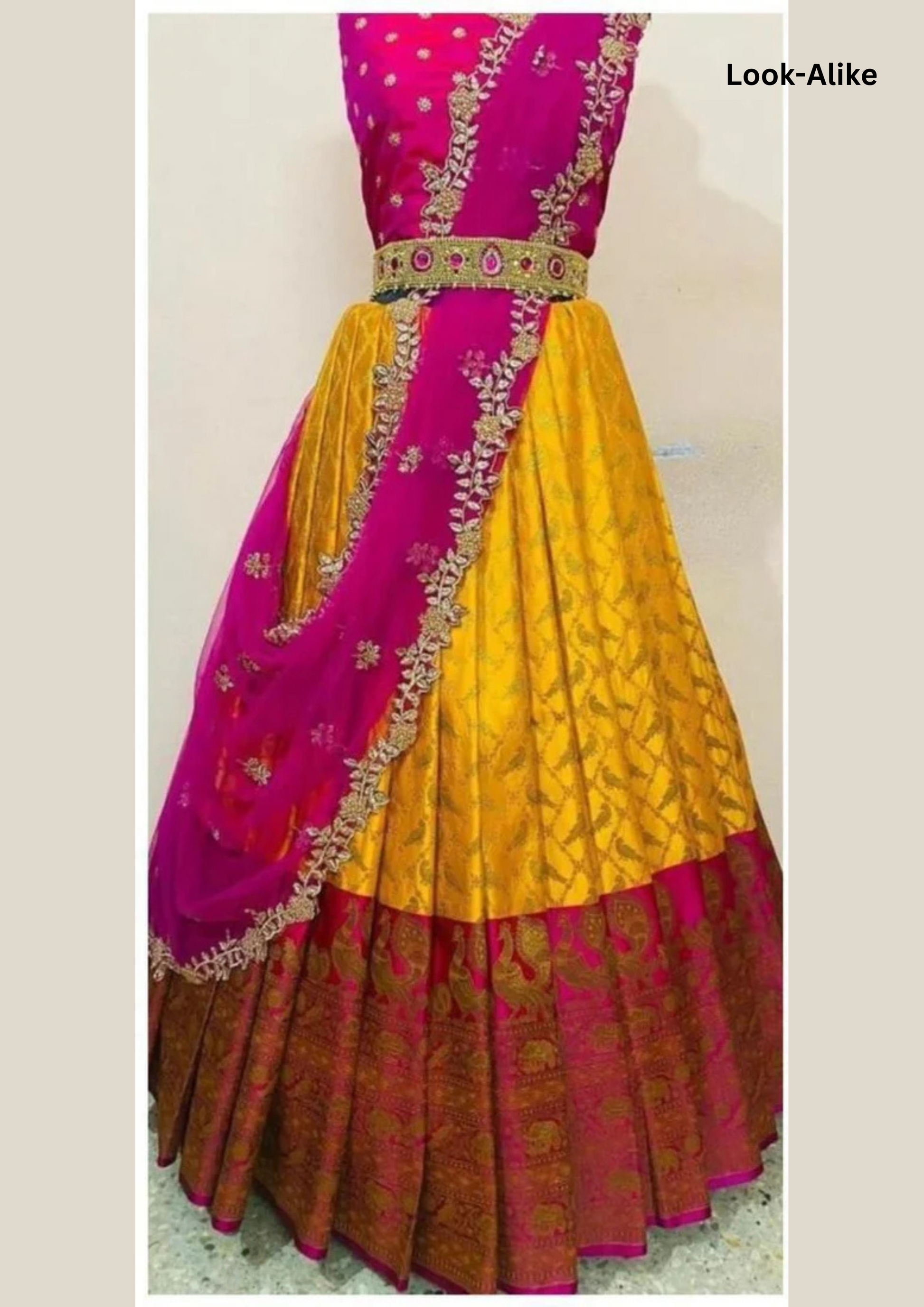 Semi Stitched Yellow And Pink Silk With Zari Lehenga