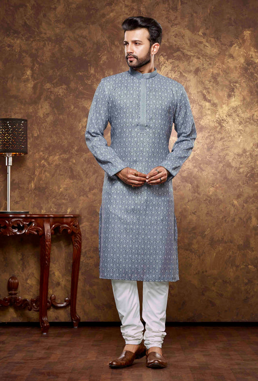 Stunning Light Blue Color Poly Cotton With Digital Printed Kurta Set With Pajama Pant For Mens
