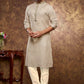 Attractive White Dove Color Poly Cotton With Digital Printed Kurta Set With Pajama Pant For Men