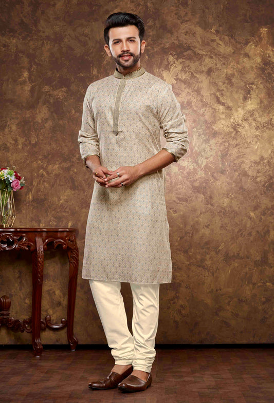 Attractive White Dove Color Poly Cotton With Digital Printed Kurta Set With Pajama Pant For Men