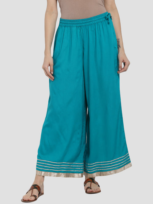 Fabulous Teal Green Fancy Palazzo Pants With Golden Border And Waistband Tassel