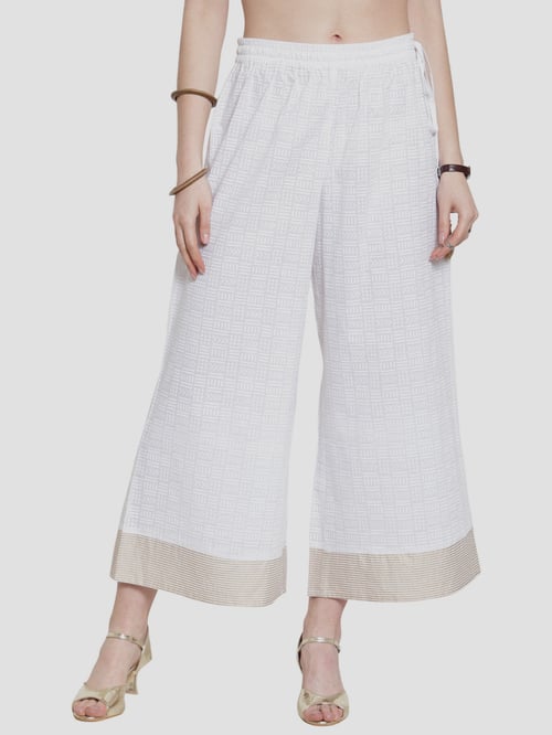White Palazzo Pants With Self Design And Stipes Border In USA