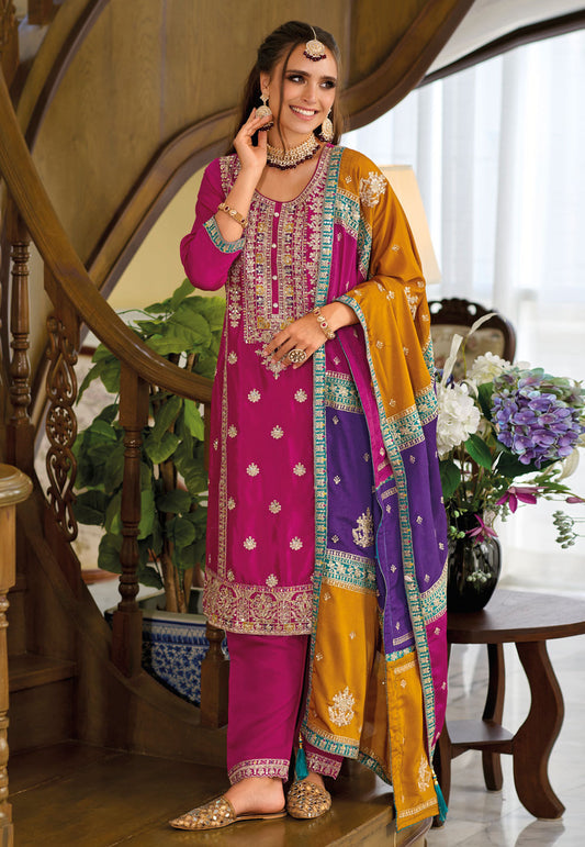 Charming Pink Colored Heavy Chinon Embroidery Work Salwar Suits For Women