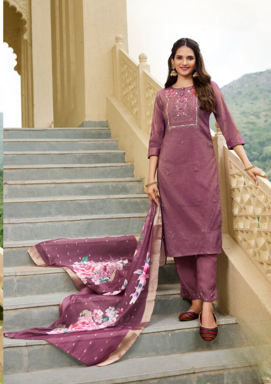 Elegant Purple Mauve Color Hand Work Salwar Suits With Dupatta Set For Women