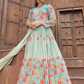 Alluring Teal Blue Color Lace Embroidery Work Gowns With Dupatta Collection