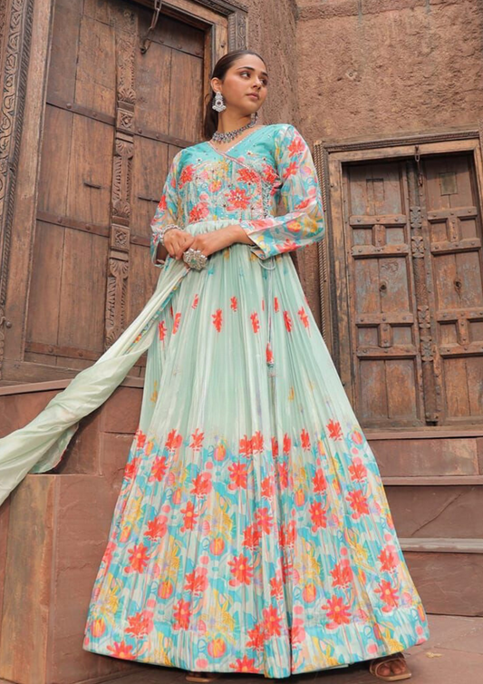 Alluring Teal Blue Color Lace Embroidery Work Gowns With Dupatta Collection