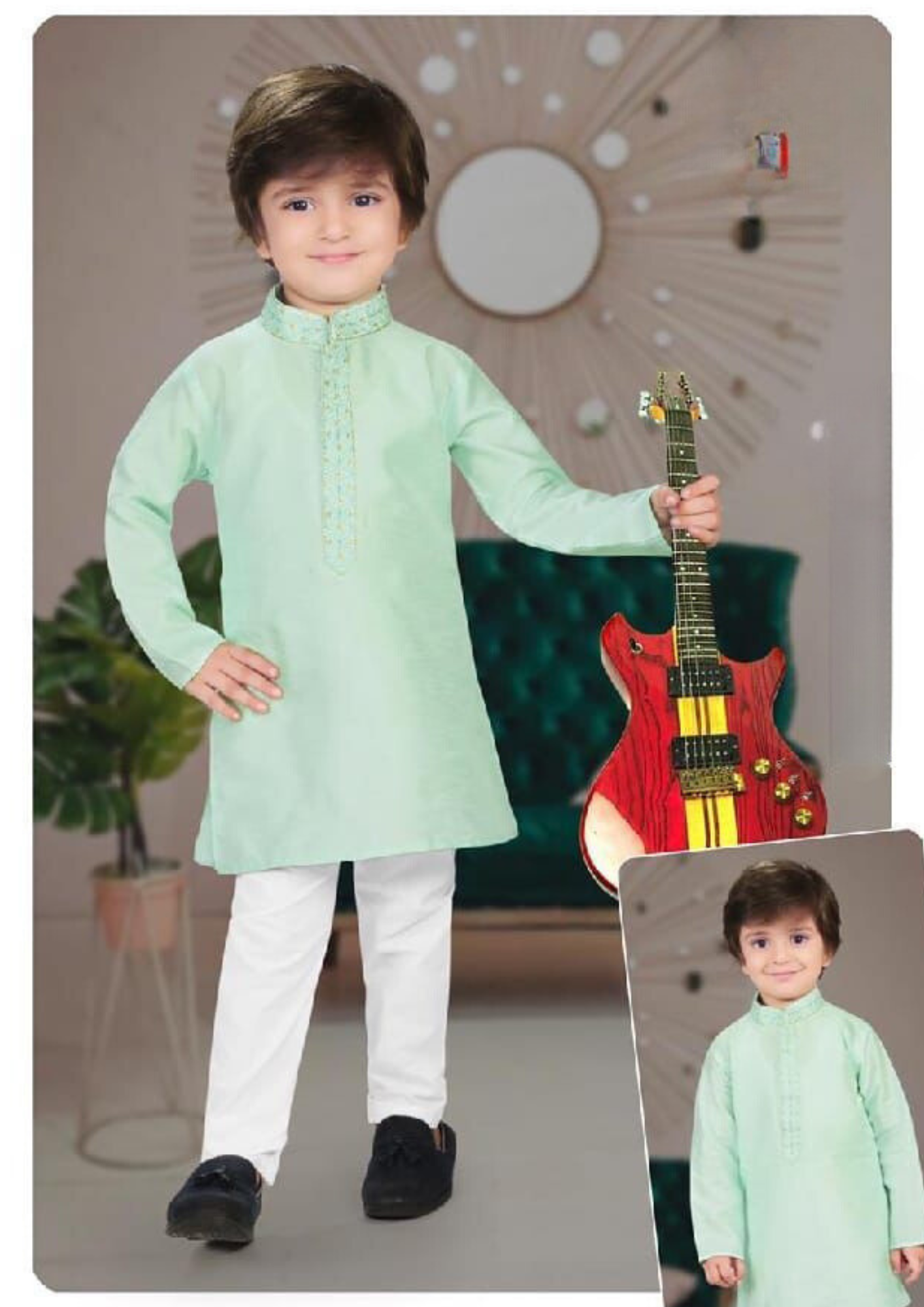 Enchanting Light Green Color Embroidery Kurta Pajama Set For Boy Kids