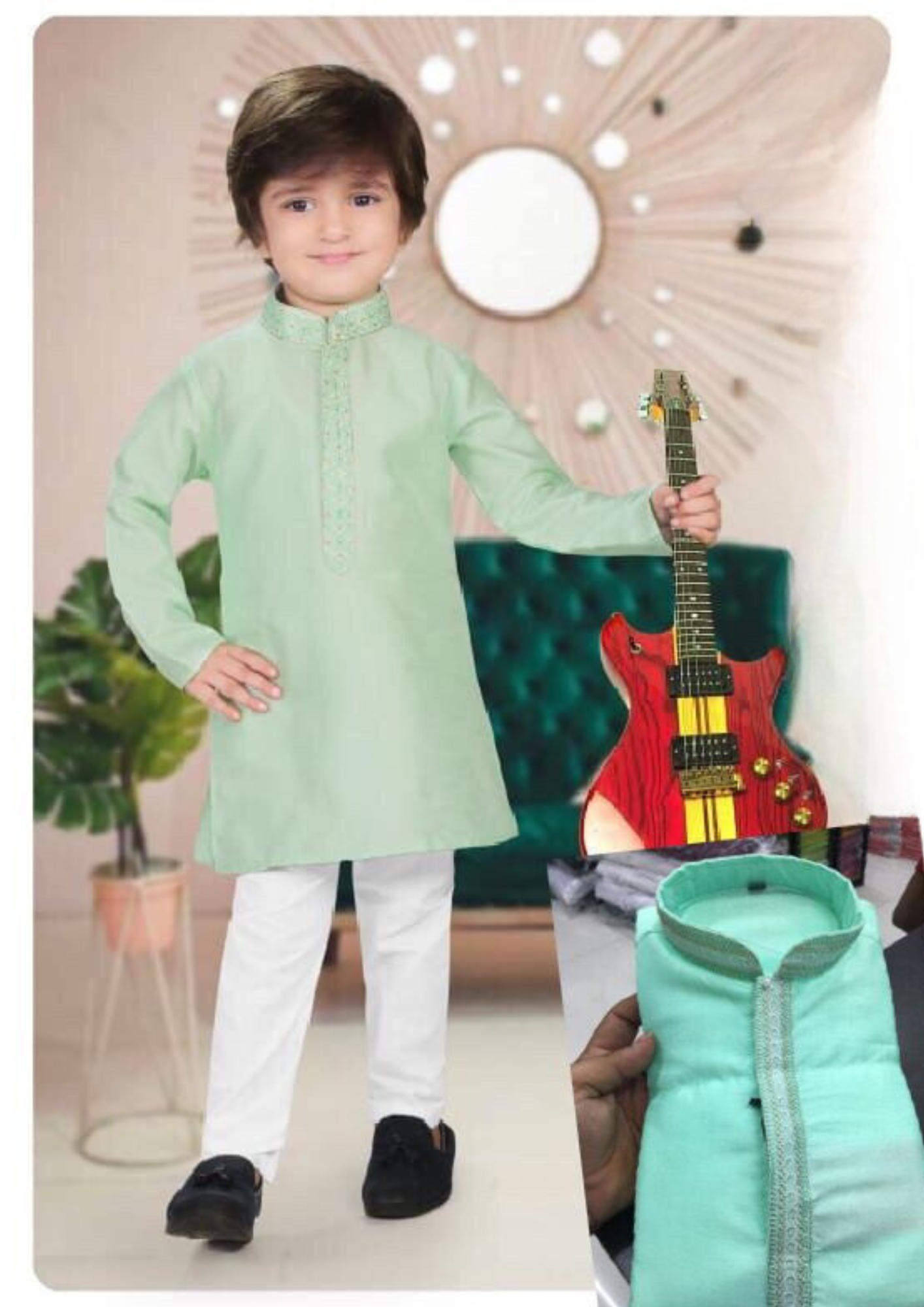 Alluring Light Green Color Banarasi Embroidery Work Kids Kurta Pajama Set