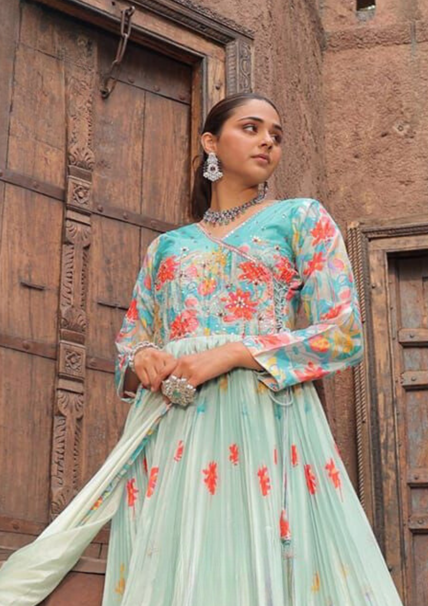 Alluring Teal Blue Color Lace Embroidery Work Gowns With Dupatta Collection