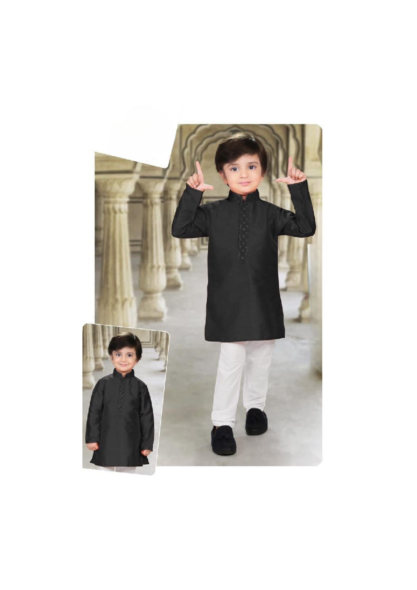 Black Color Heavy Banarasi Embroidery Kids Kurta Pajama Set For Boy Near Me