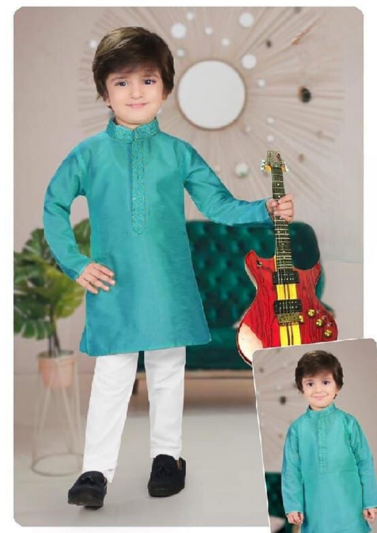 Charming Teal Green Color Heavy Banarasi Embroidery Kurta Pajama Set For Boys