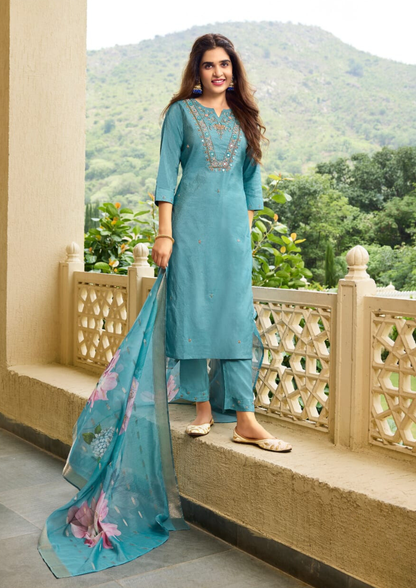 Attractive Teal Blue Color Simmer Hand Worked Salwar Suits And Dupatta Set 