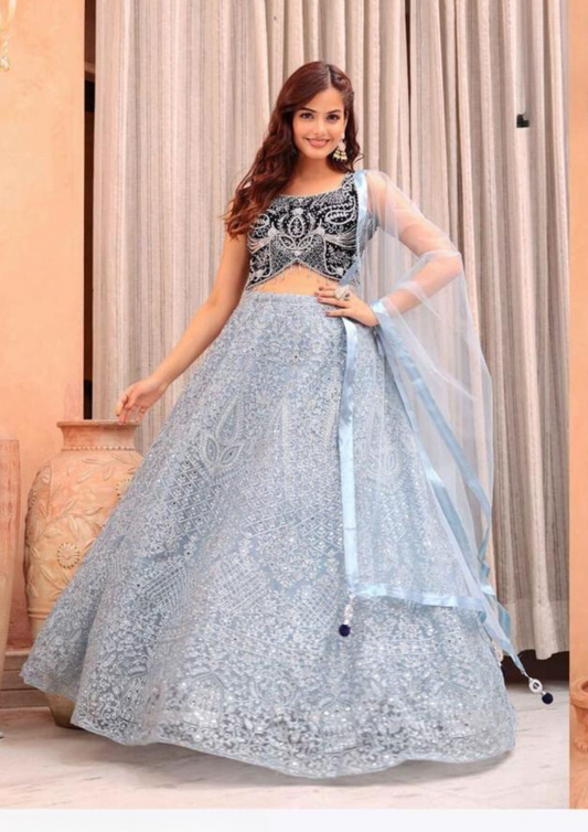 Elegant Teal Blue Color Embroidery Work Lehenga Choli With Dupatta Set