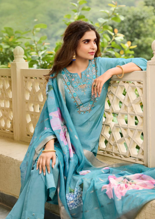 Teal Blue Color Simmer Hand Worked Salwar Suits And Dupatta Set Near Me