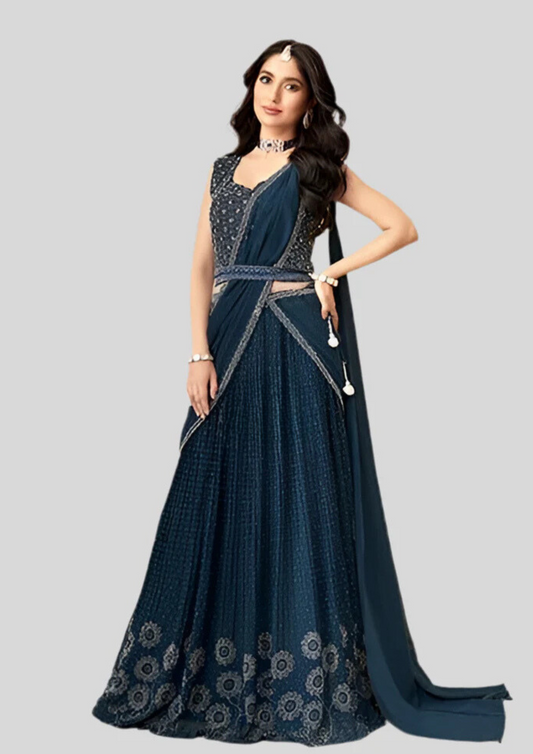 Attractive Dark Blue Color Heavy Embroidered Lehenga Choli With Dupatta Set For Women