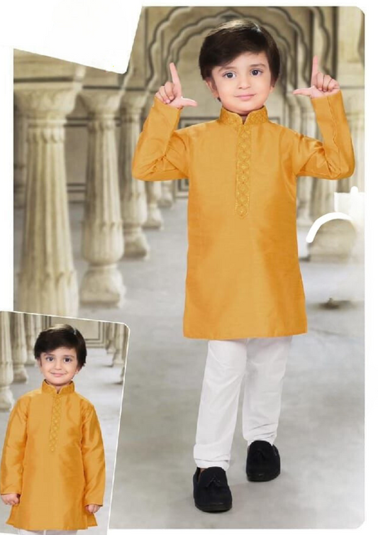 Elegant Mustard Yellow Color Heavy Banarasi Embroidery Kurta Pajama Set For Boys