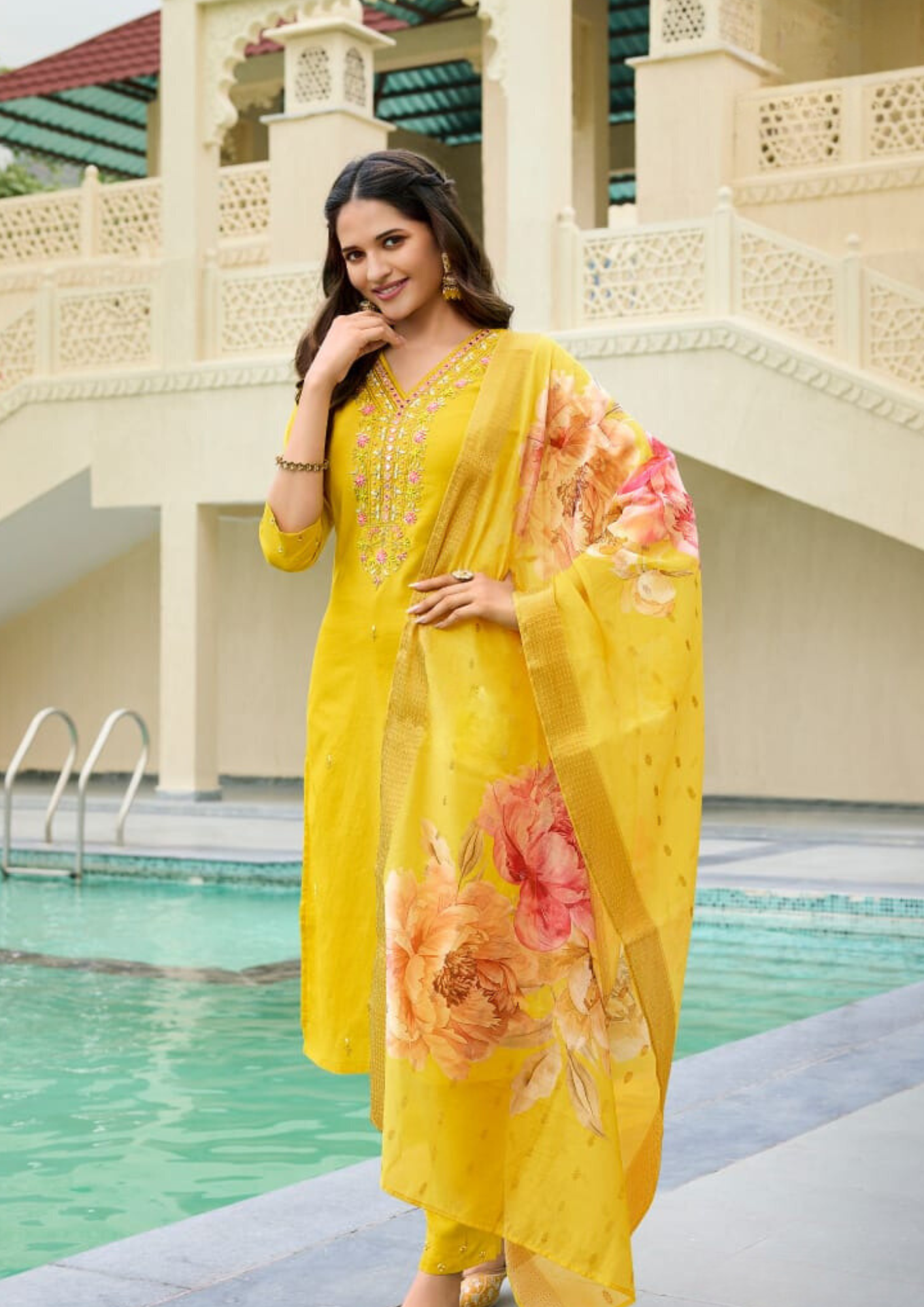 Dazzling Yellow Color Simmer Hand Worked Salwar Suits And Dupatta Set