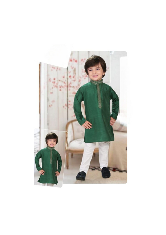 Gorgeous Dark Green Color Banaras Festival Special Kids Kurta Pajama Set