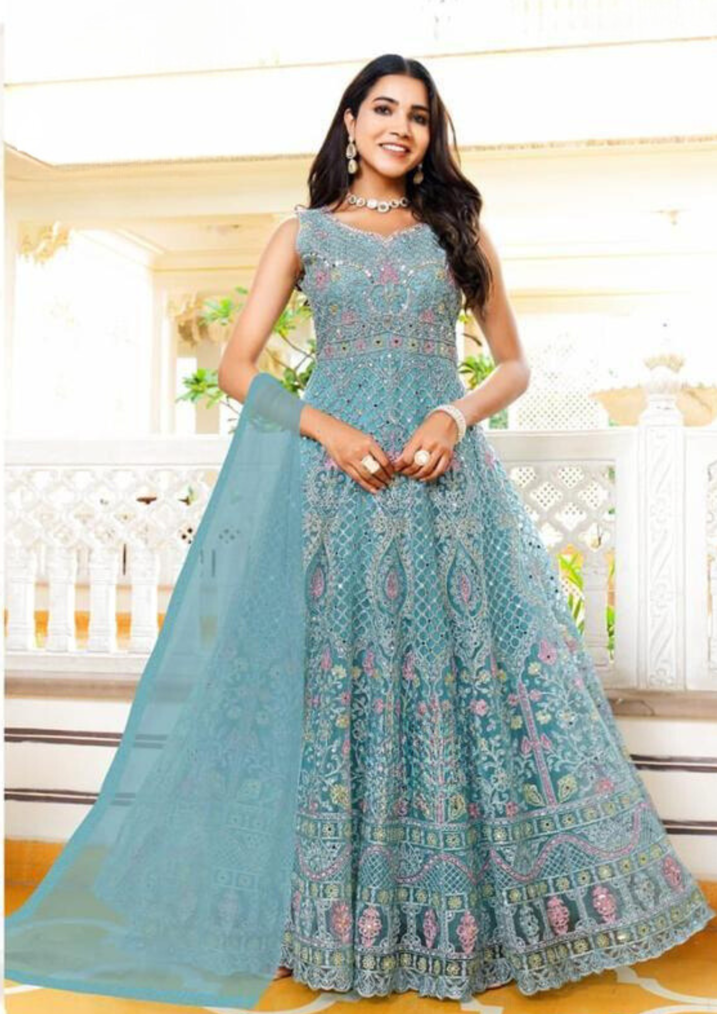 Beautiful Blue Color Heavy Embroidered Dress with Dupatta  For Women