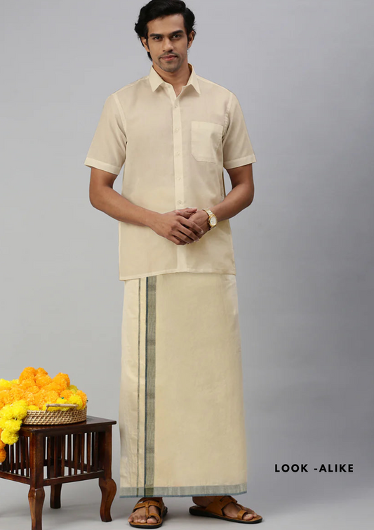 Attractive Fancy Gold Color Dhoti With Green Zari Border For Men