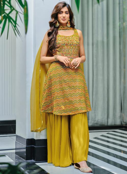 Pleasing Embroidered Georgette Palazzo Suits With Mustard Yellow Color