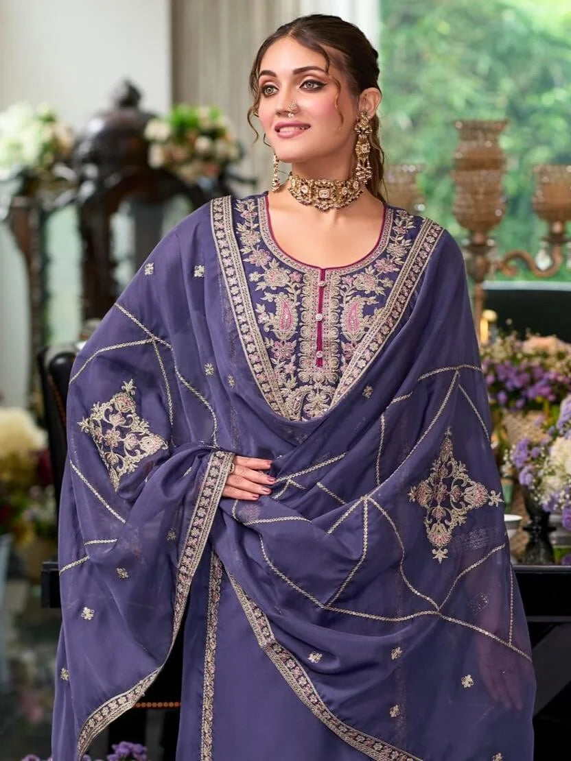 Alluring Lavender Color Organza With Zari and Thread Work Salwar Suits In USA