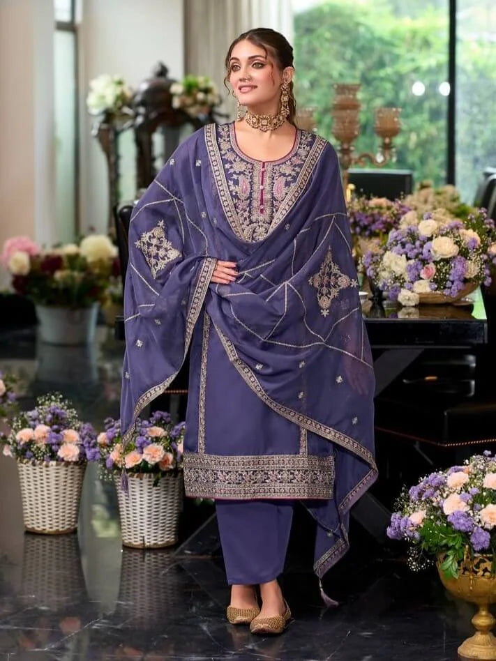 Alluring Lavender Color Organza With Zari and Thread Work Salwar Suits Near Me