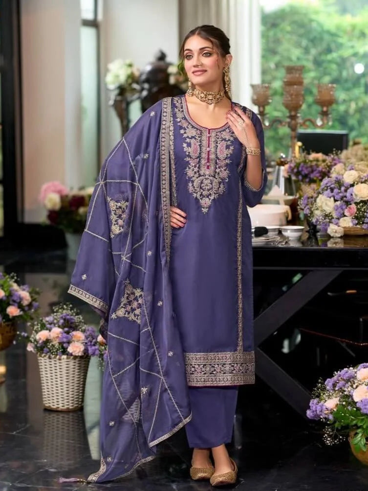 Alluring Lavender Color Organza With Zari and Thread Work Salwar Suits 