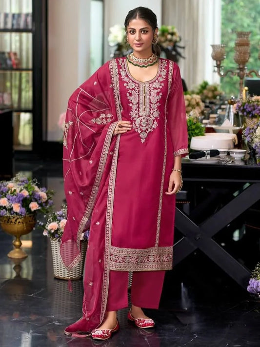 Elegant Pink Color Organza With Zari and Thread Work Salwar Suits With Dupatta