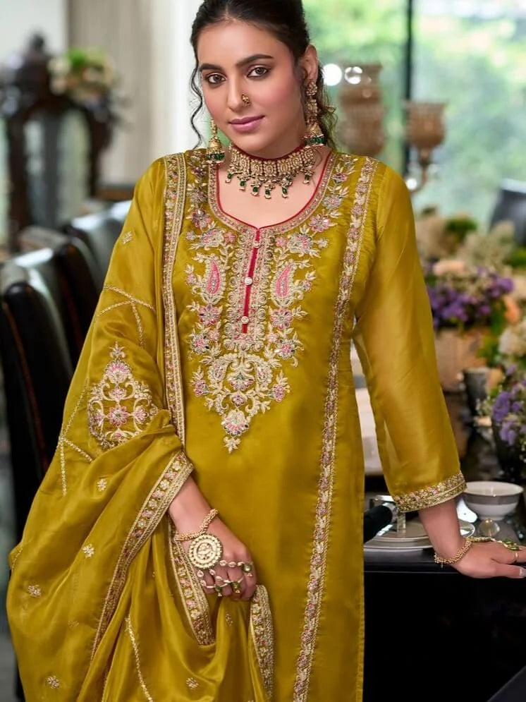 Yellow Color Organza With Zari and Thread Work Salwar Suits Near Me