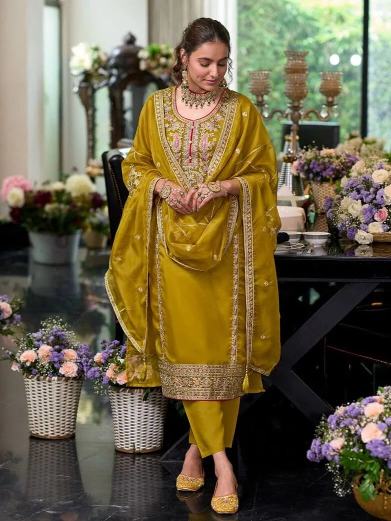 Beautiful Yellow Color Organza With Zari and Thread Work Salwar Suits With Dupatta