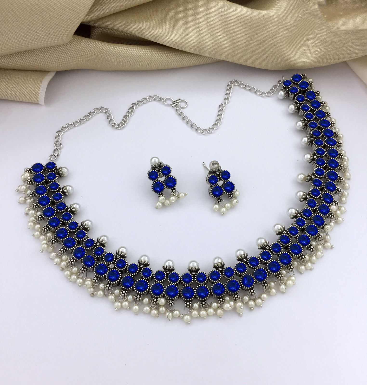 Two Layered Blue Oxidized Choker And Earrings Set With Pearls