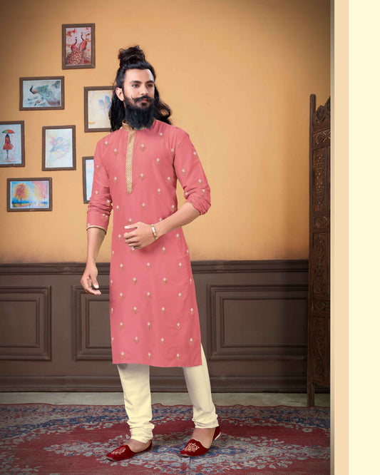 Appealing Pink Color Poly Blend Embroidery Kurta With Pajama Pant For Men