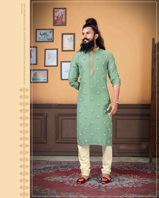 Attractive Light Green Color Poly Blend Embroidery Mens Kurta With Pajama Pant