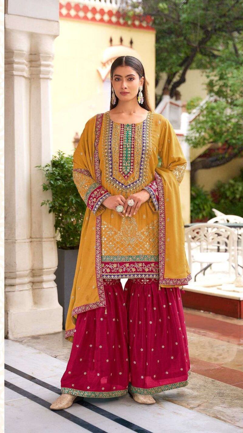 Attractive Musted Yellow Color Chinon Viscous Sharara With Embroidered Work For Women