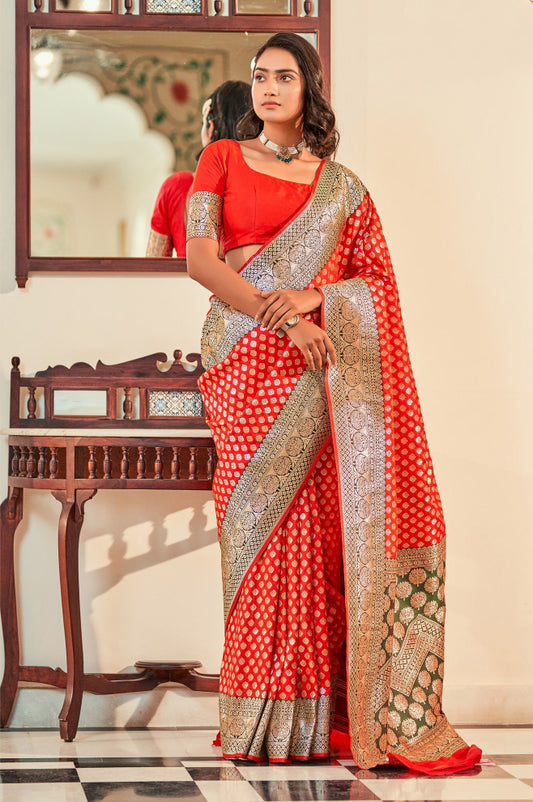 Elegant Red Colored Designer Printed Work Soft Silk Sarees For Women