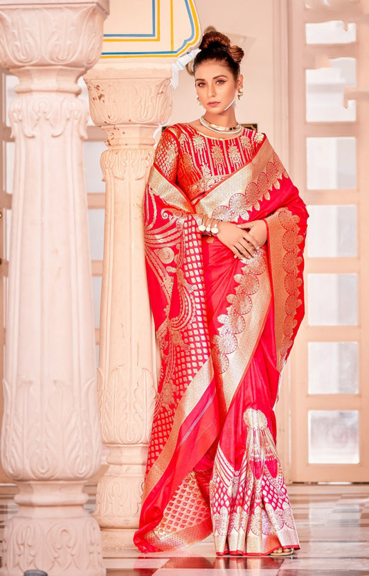 Gorgeous Pink Colored Printed Work Banarasi Silk Designer Sarees For Women