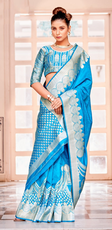 Beautiful Sky Blue Colored Banarasi Soft Silk Sarees For Women