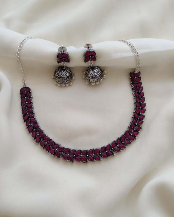 Beautiful Ruby Stone Beaded Leaf Designed Silver Oxidized Necklace Set in Apache Junction