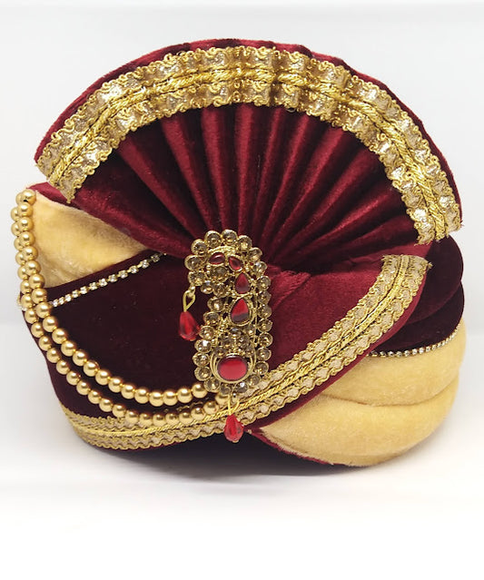 Elegant Traditional Maroon Color Velvet Turban For Men